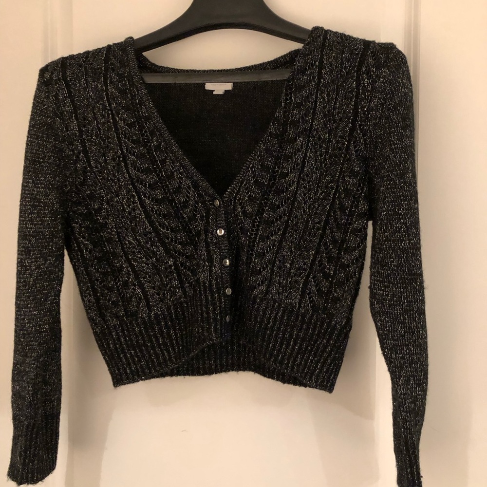 Women's Black Sparkle Cable-Knit Button Cropped Cardigan Sweater